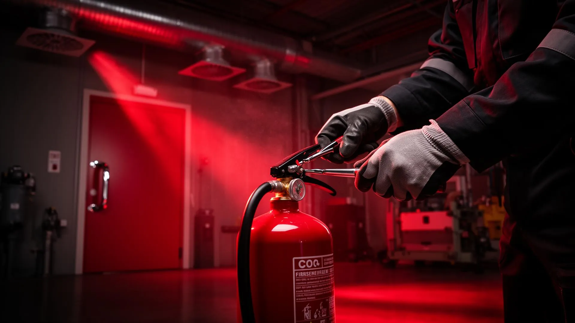 Wartung eines Feuerlöschers in roter Industriehalle